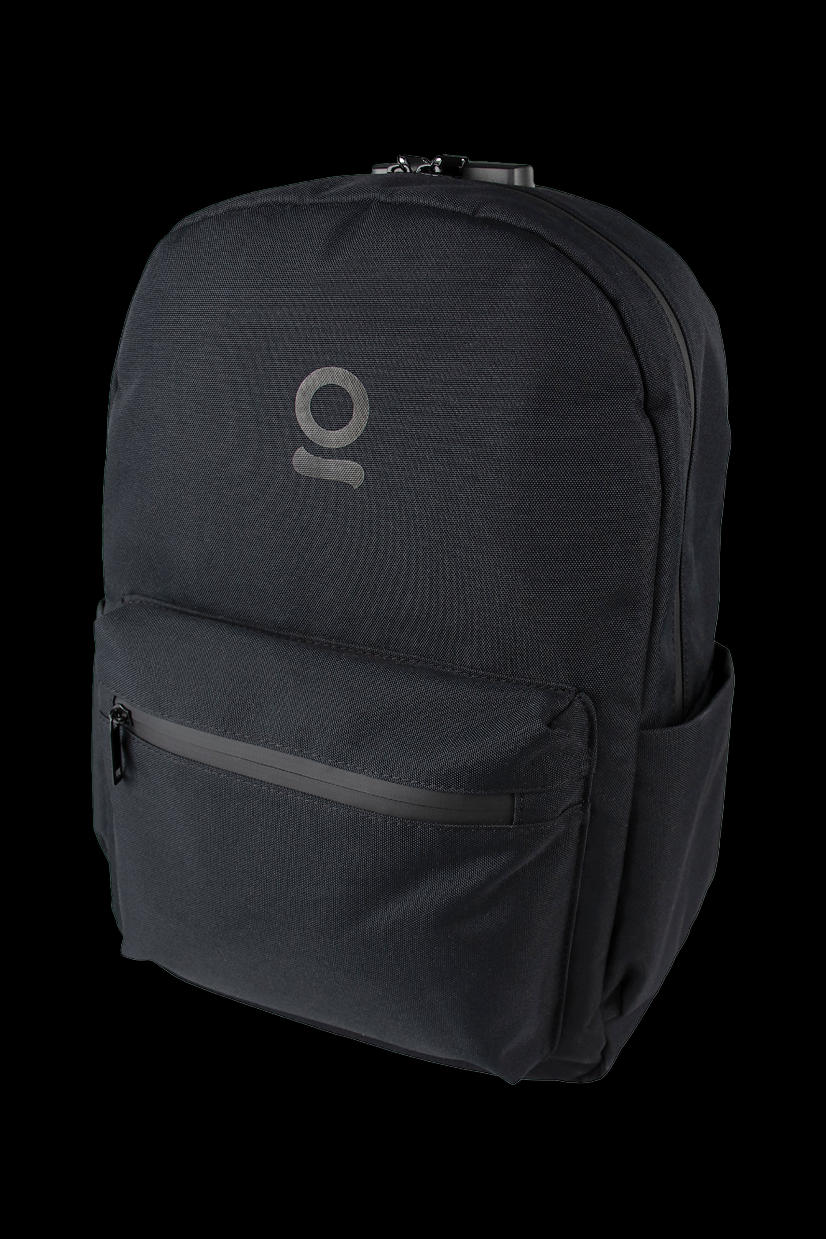 Black backpack with subtle cannabis leaf logo and zippered front pocket.