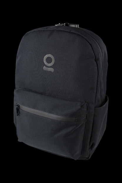 Black backpack with subtle cannabis leaf logo and zippered front pocket.