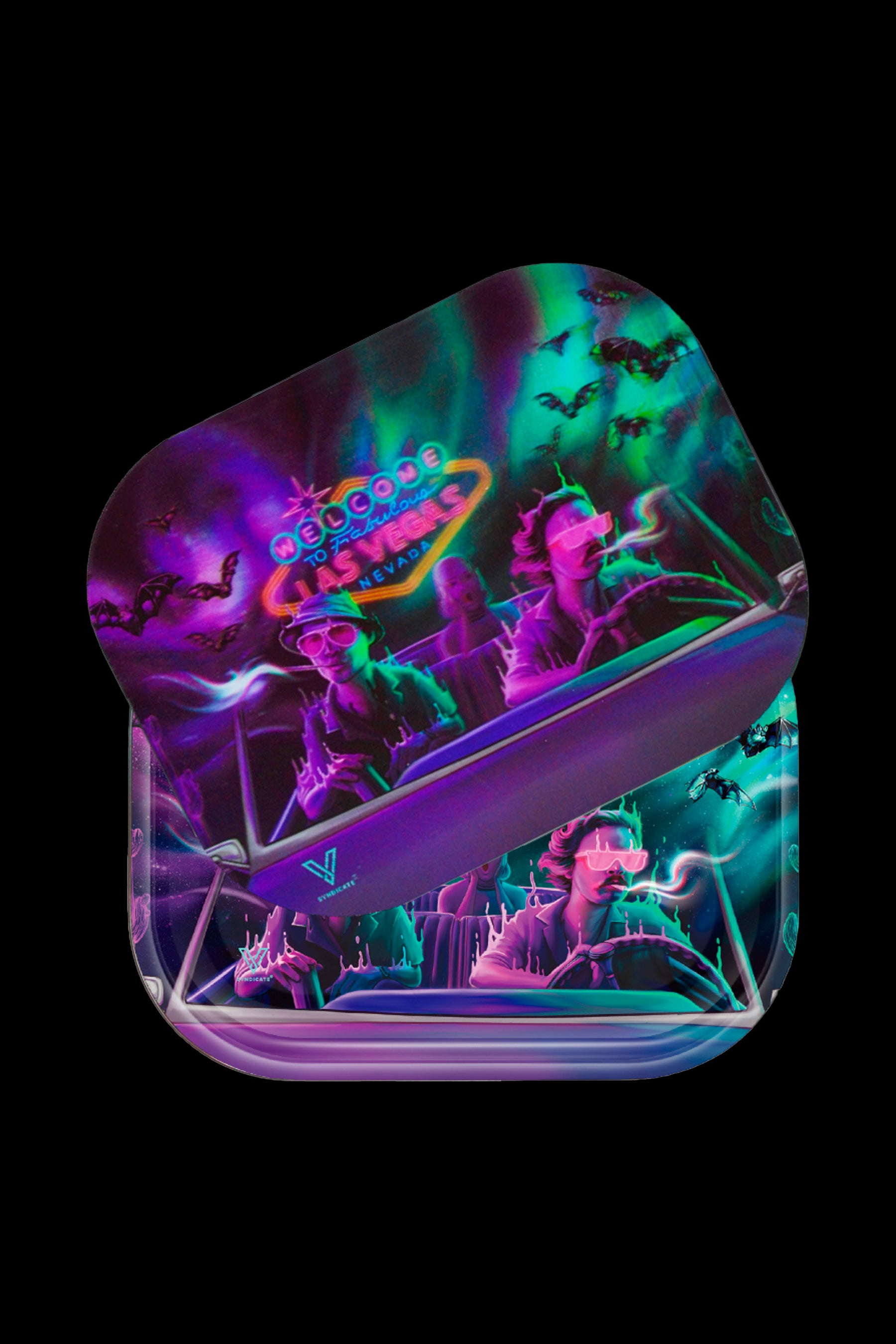 Neon cannabis accessory tray featuring the iconic "Welcome to Las Vegas" sign in a psychedelic, glowing design.