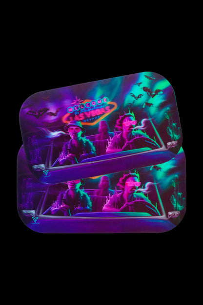 Neon “Welcome to Fabulous Las Vegas” sign rendered on a patterned cannabis rolling tray.