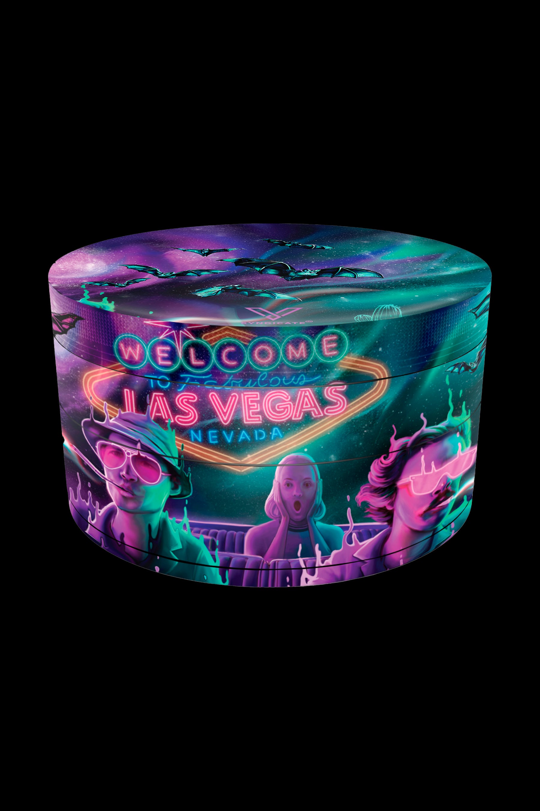 A cylindrical grinder decorated with a vibrant, neon-style “Welcome to Las Vegas” sign and stylized portraits, likely intended for cannabis use.