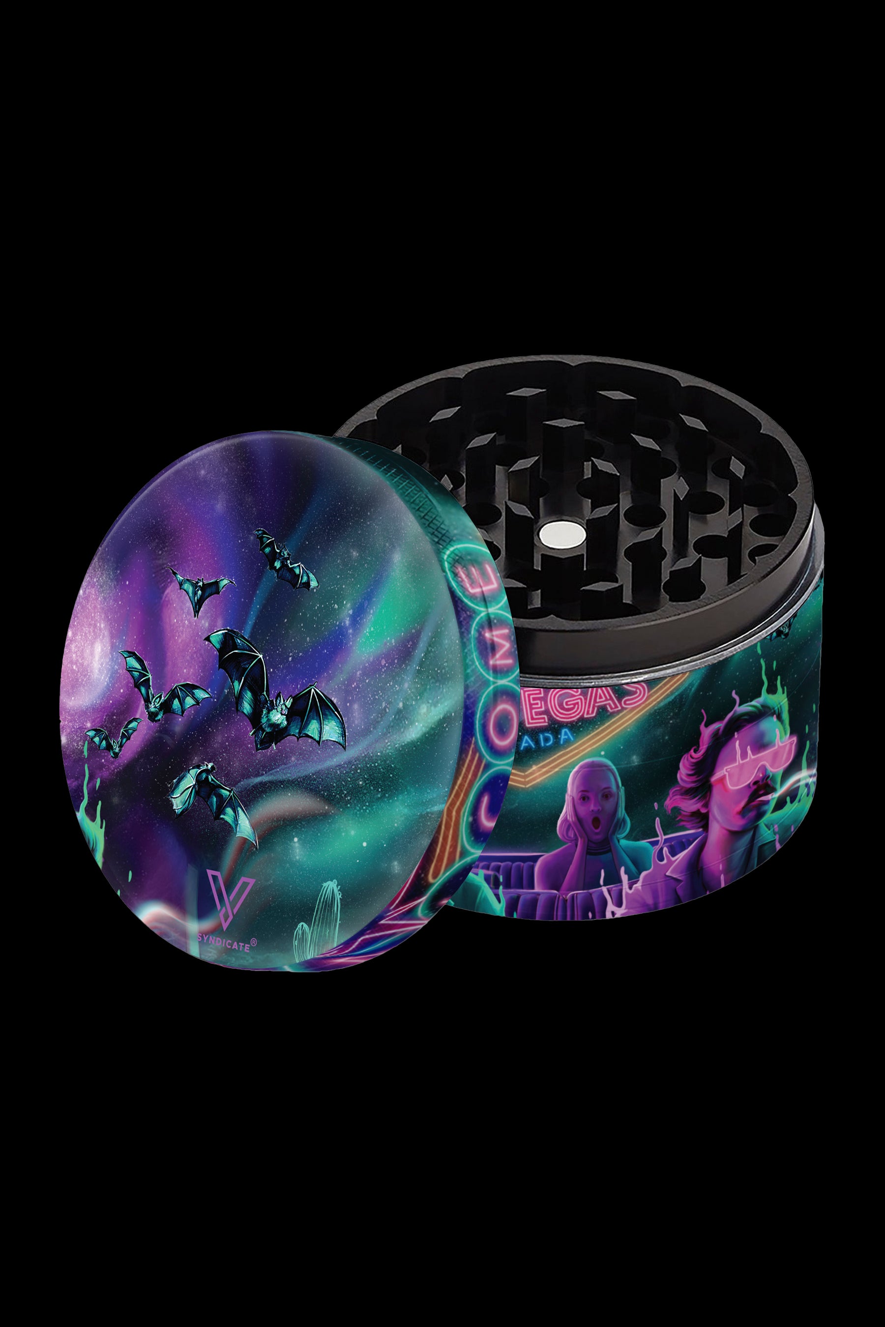 A black metal grinder with a vibrant, neon-lit, anime-style design featuring a woman and bats against a purple and pink cosmic background.