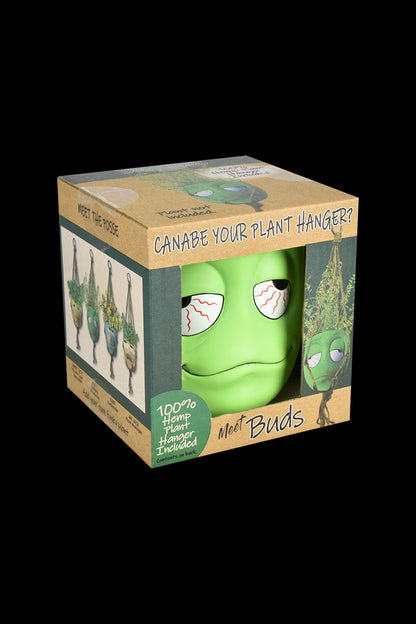 A brightly lit, front view of the Best Buds Hanging Flower Pot, showing a ceramic pot shaped like a smiling face with a plant growing from its head.