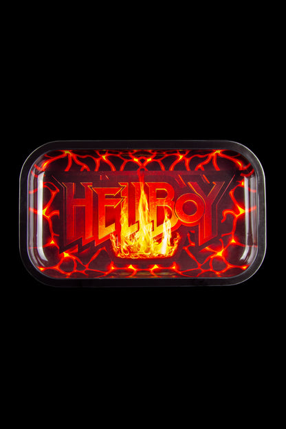 Red rolling tray with “HELLBOY” graphic and flame design.