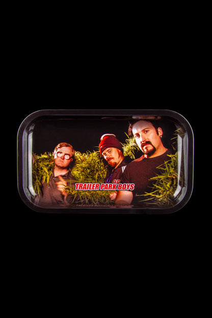 Metal rolling tray featuring characters from *Trailer Park Boys* surrounded by cannabis leaves.