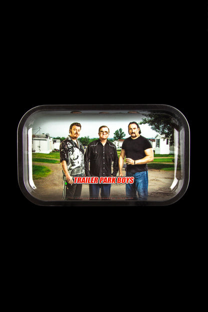 Metal rolling tray featuring characters from *Trailer Park Boys*.