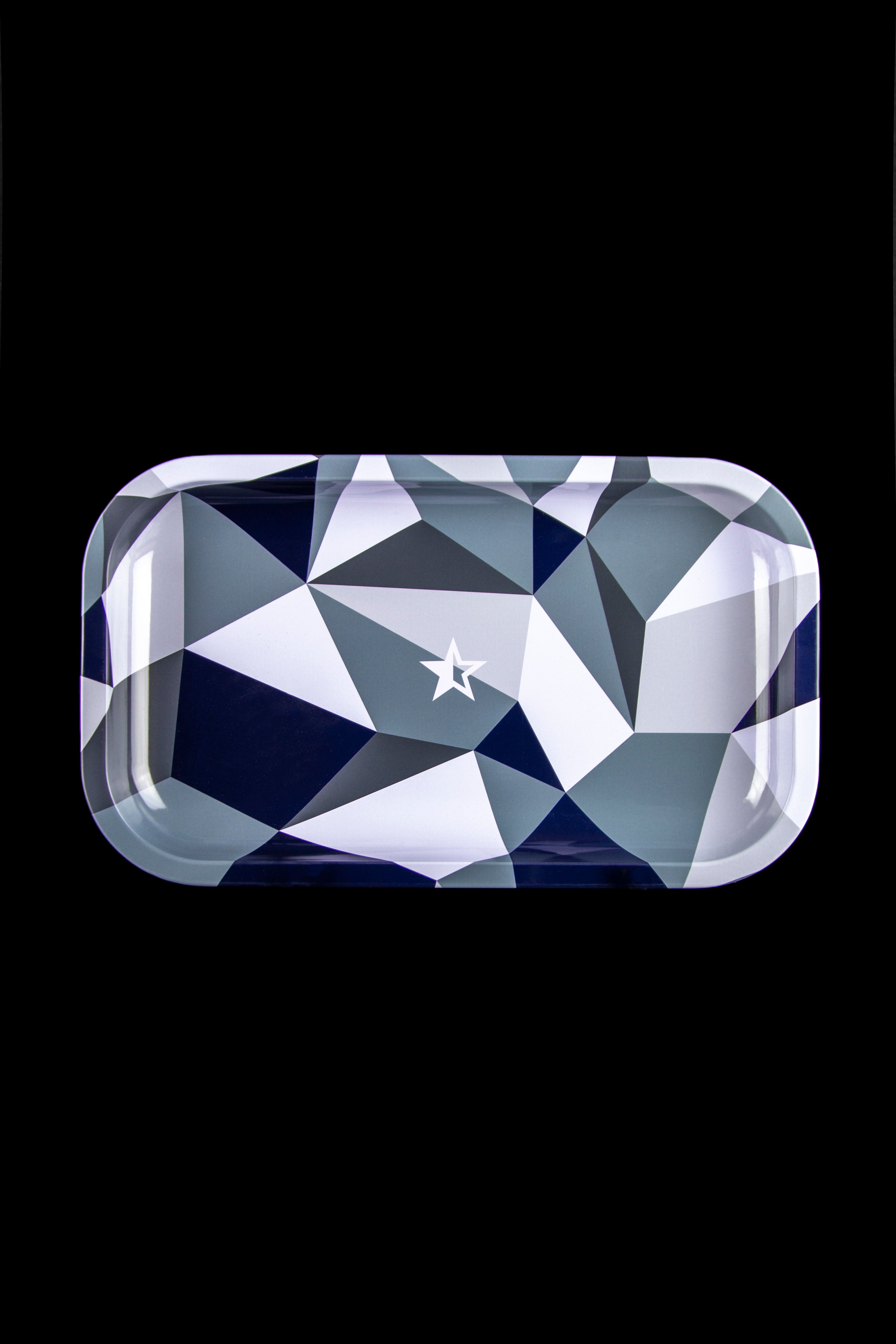 Geometric cannabis rolling tray with a star logo.