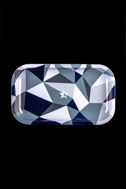 Geometric cannabis rolling tray with a star logo.