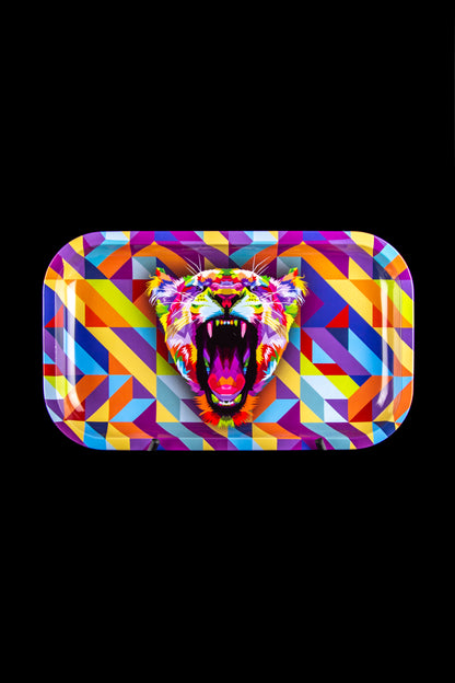 Geometric tiger-themed rolling tray with vibrant, colorful patterns.