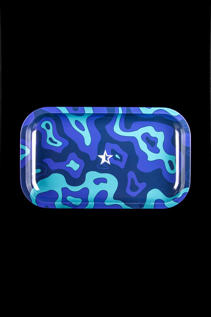 Blue and purple wavy patterned rolling tray with a white star emblem.