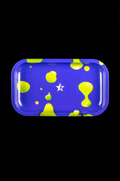 Blue rolling tray with a lime green dripping slime pattern and a white star in the center.