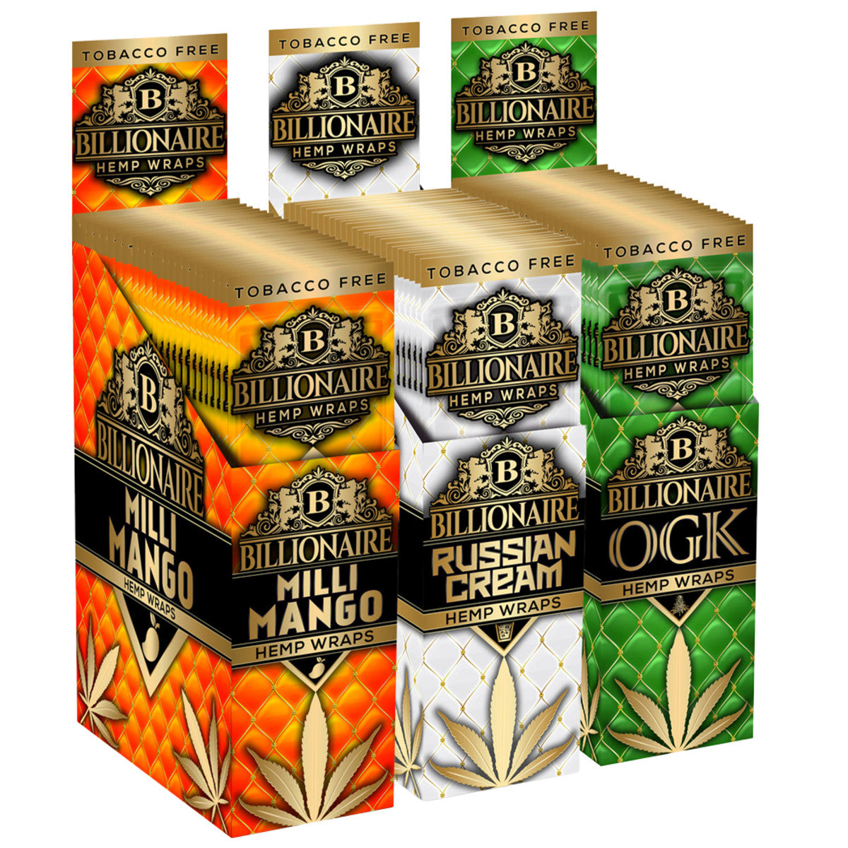 A stack of colorful Billionaire Hemp Wraps - 25 Pack is displayed at a slight angle against a dark background.