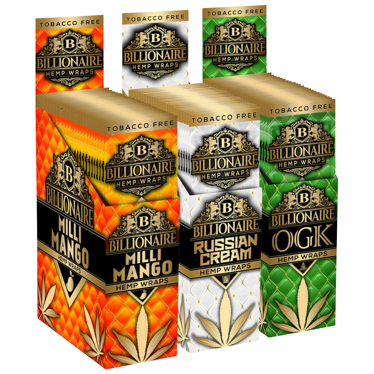 A stack of 25 Billionaire Hemp Wraps displayed at a slight angle against a dark background.
