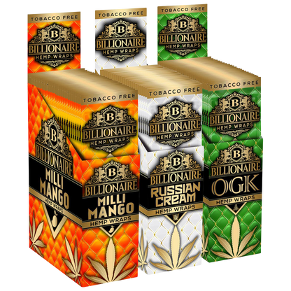 A stack of 25 Billionaire Hemp Wraps displayed at a slight angle against a dark background.