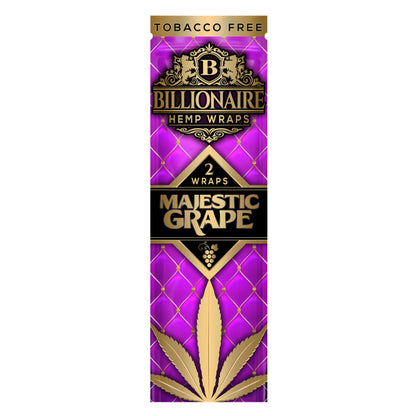 Front view of a Billionaire Hemp Wraps 25 Pack, featuring a purple and gold decorative design on its packaging.