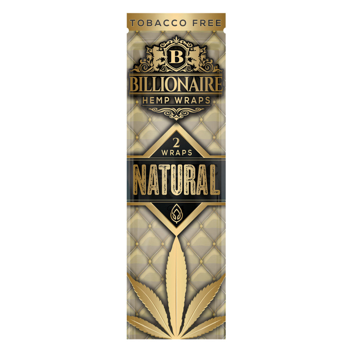 A close-up, front view of Billionaire Hemp Wraps – 25 Pack, featuring detailed gold branding against a dark background.