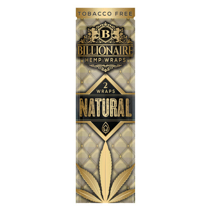 A close-up, front view of Billionaire Hemp Wraps – 25 Pack, featuring detailed gold branding against a dark background.