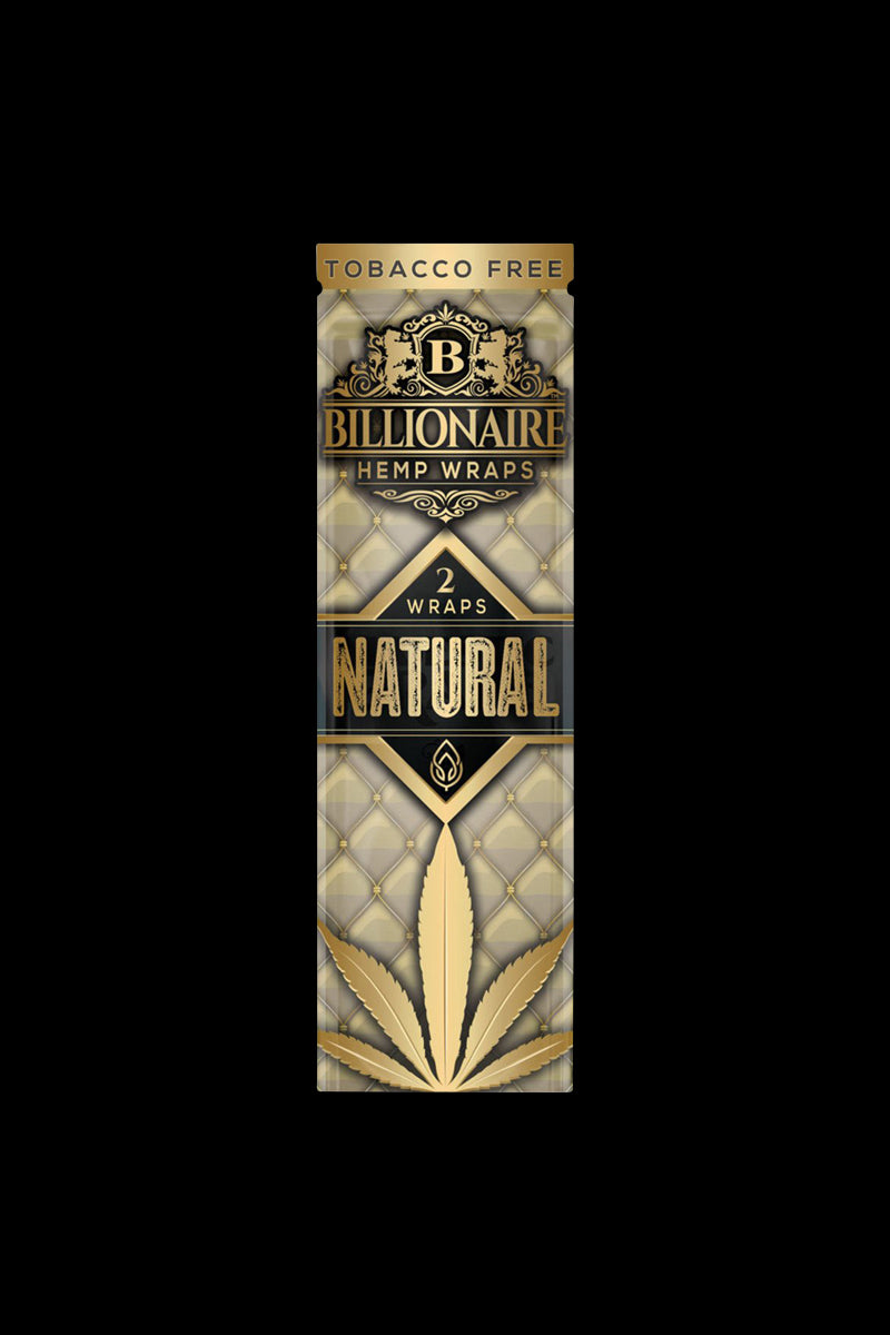 Front view of a pack of Billionaire Hemp Wraps with gold lettering and a dark background.