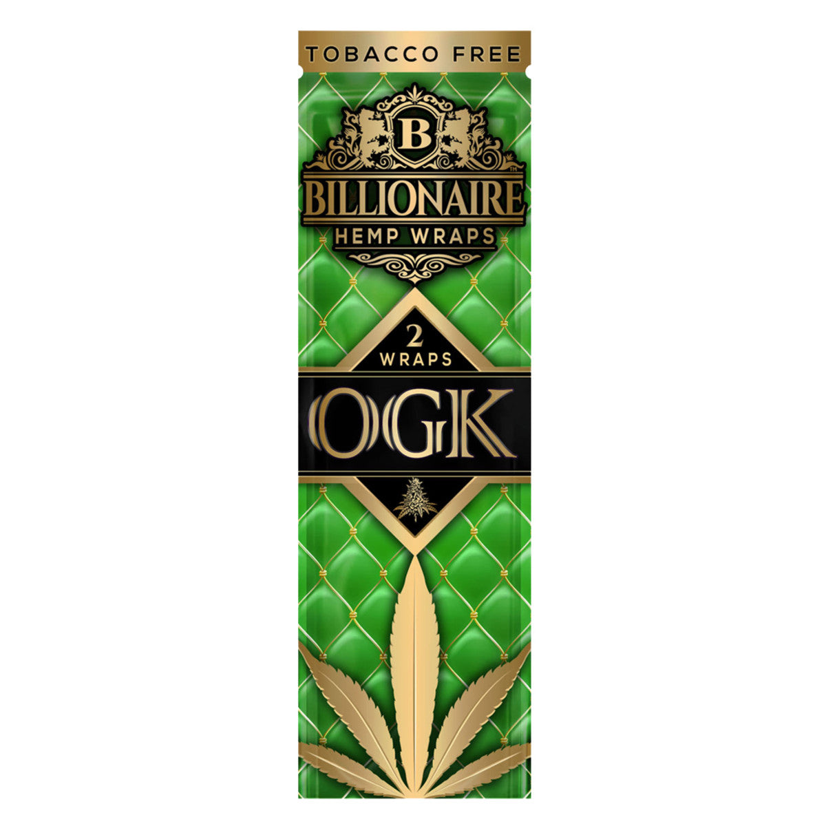 Front view of the Billionaire Hemp Wraps package, showcasing a vivid green design with gold lettering.