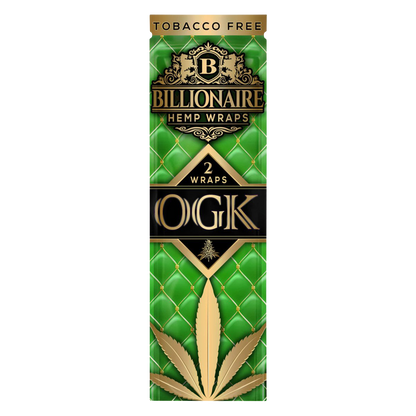 Front view of a pack of Billionaire Hemp Wraps, showing a dark green background with gold lettering and a prominent brand logo.