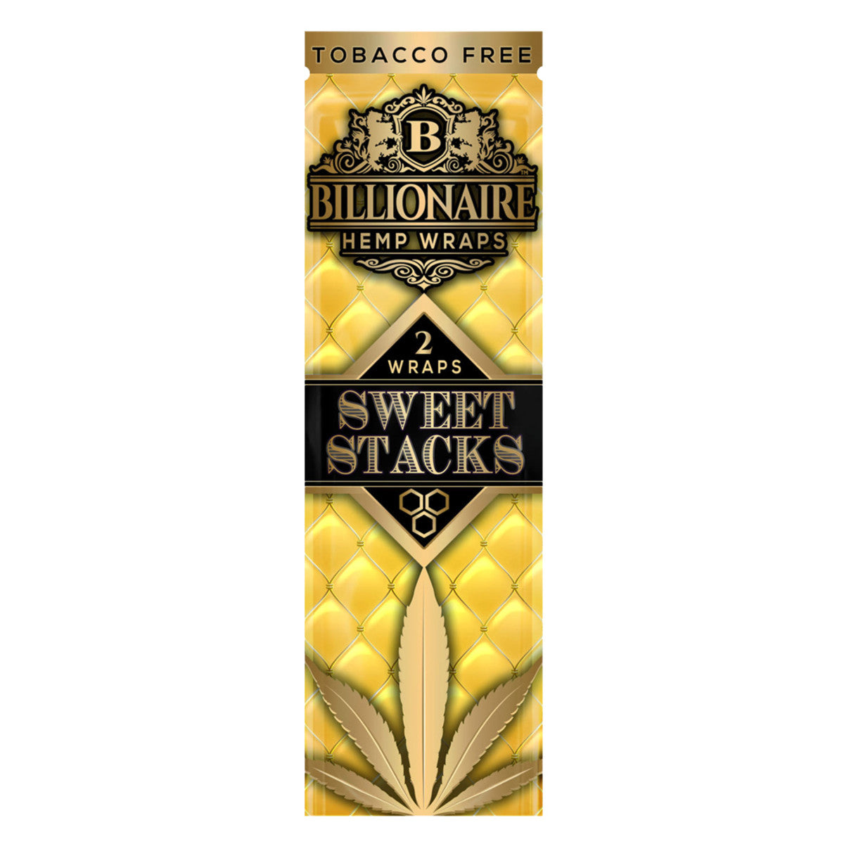 Front view of a stack of Billionaire Hemp Wraps, displaying a gold and black patterned design on the packaging.