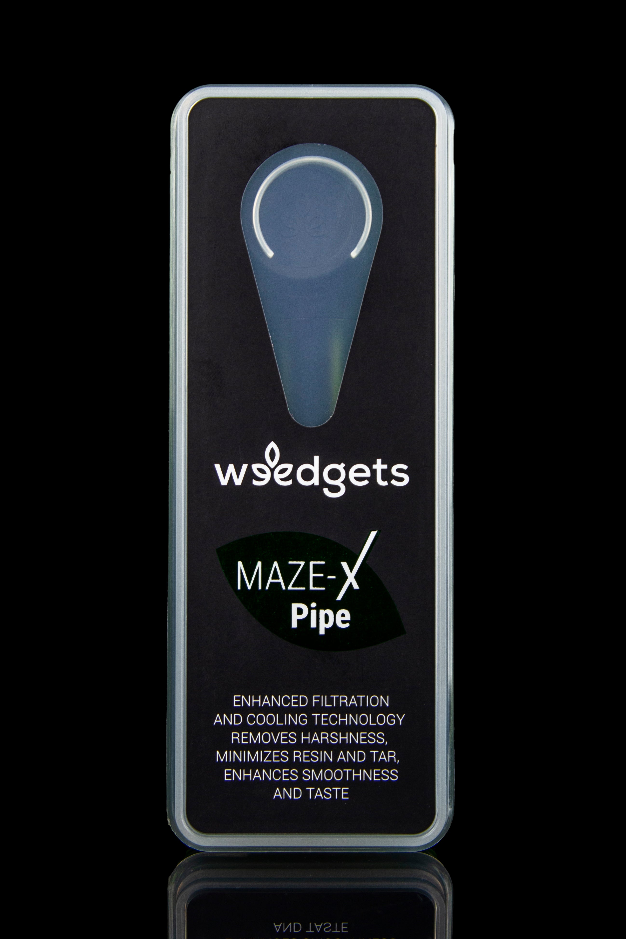 Black packaging for “Maze-X Pipe” cannabis accessory, advertising enhanced filtration and cooling technology.