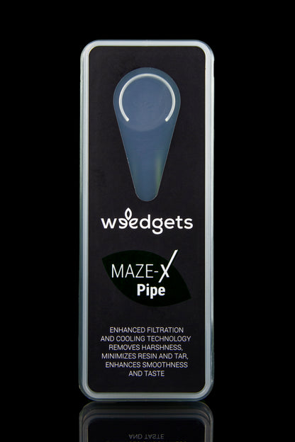 Black packaging for “Maze-X Pipe” cannabis accessory, advertising enhanced filtration and cooling technology.