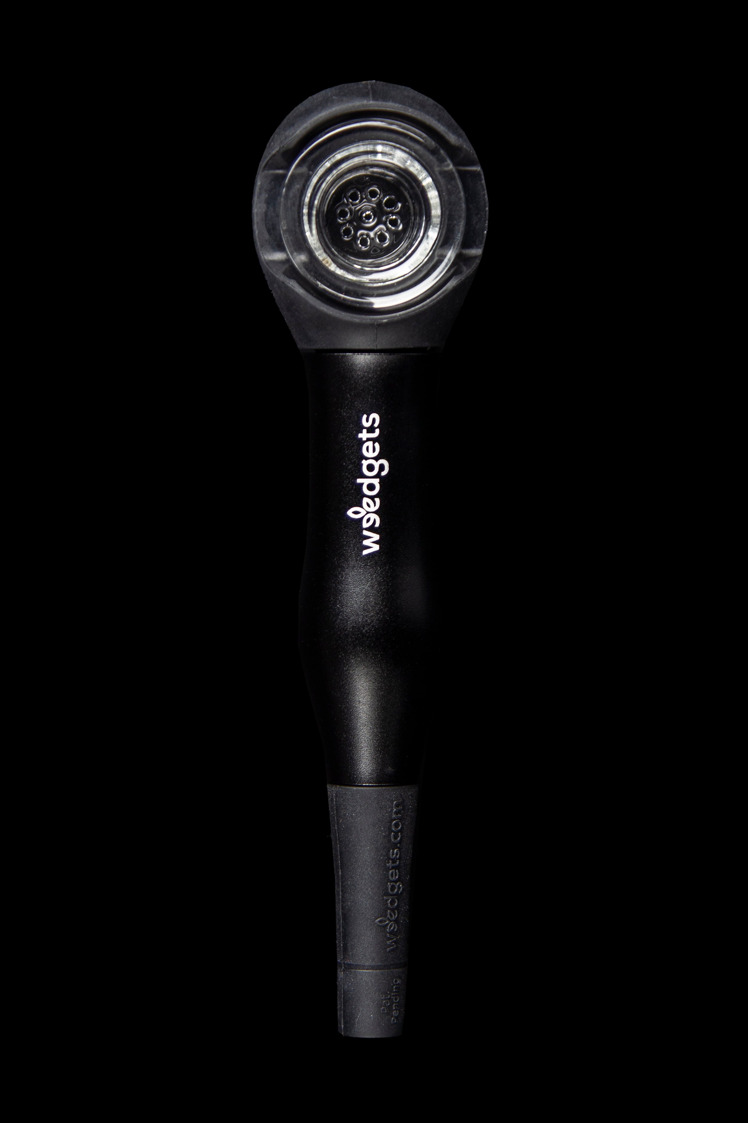 Black cannabis bubbler with glass mouthpiece.