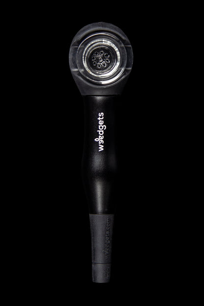 Black cannabis bubbler with glass mouthpiece.