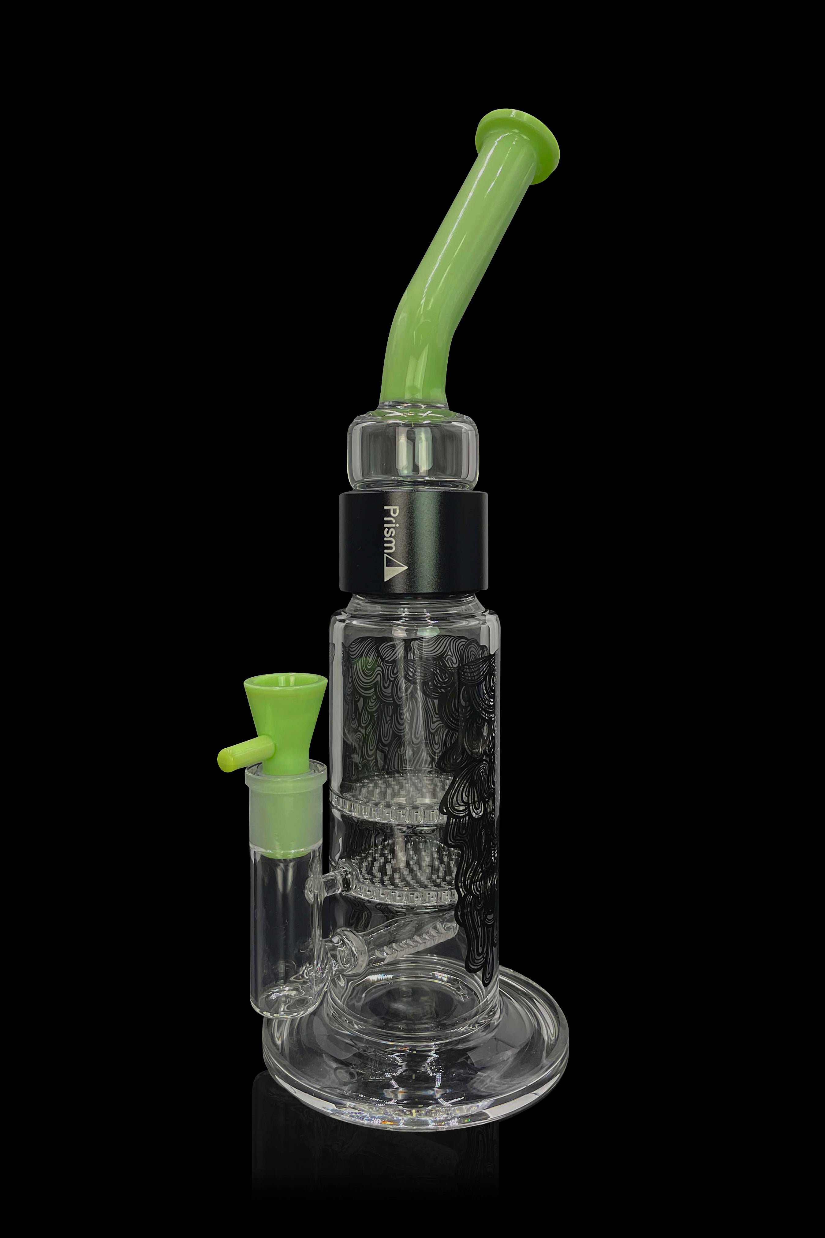 Green and clear glass dab rig with intricate black swirl patterns, featuring a spherical base and bent neck.