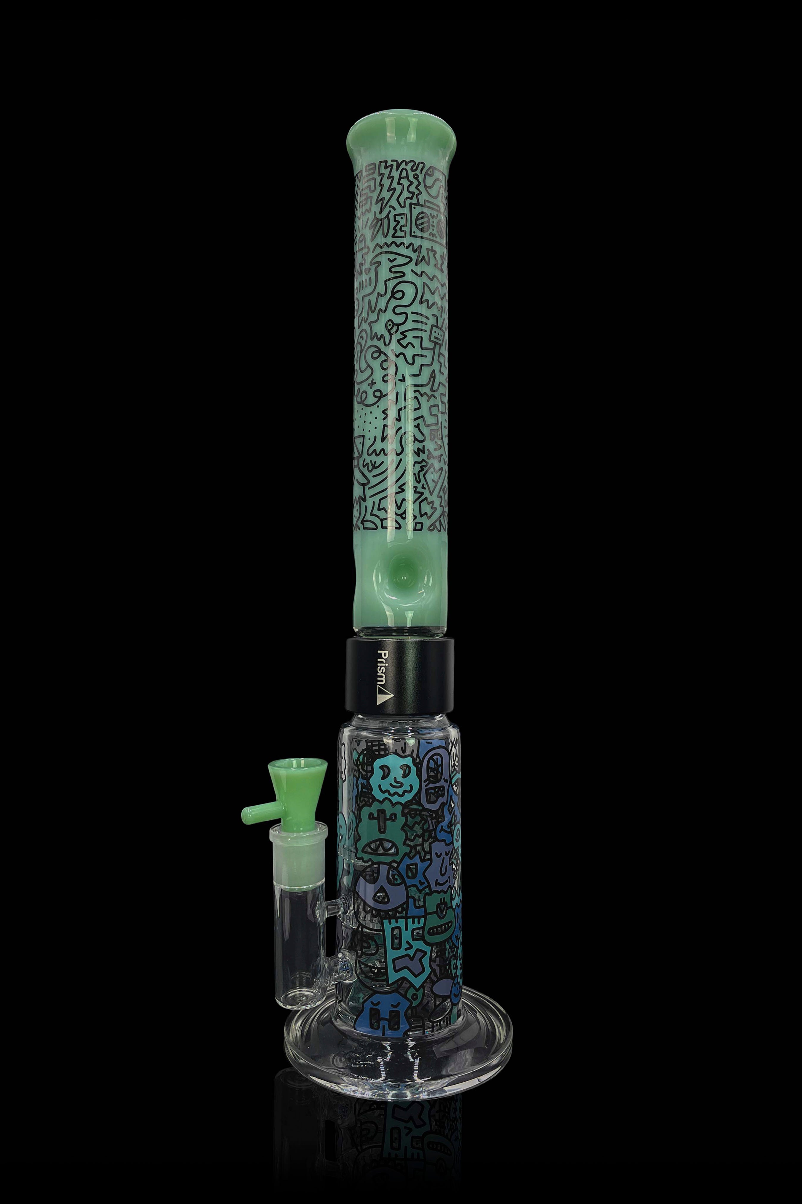 A vibrant green and blue glass bong with graffiti-style designs, featuring a clear downstem and mouthpiece, against a black background.