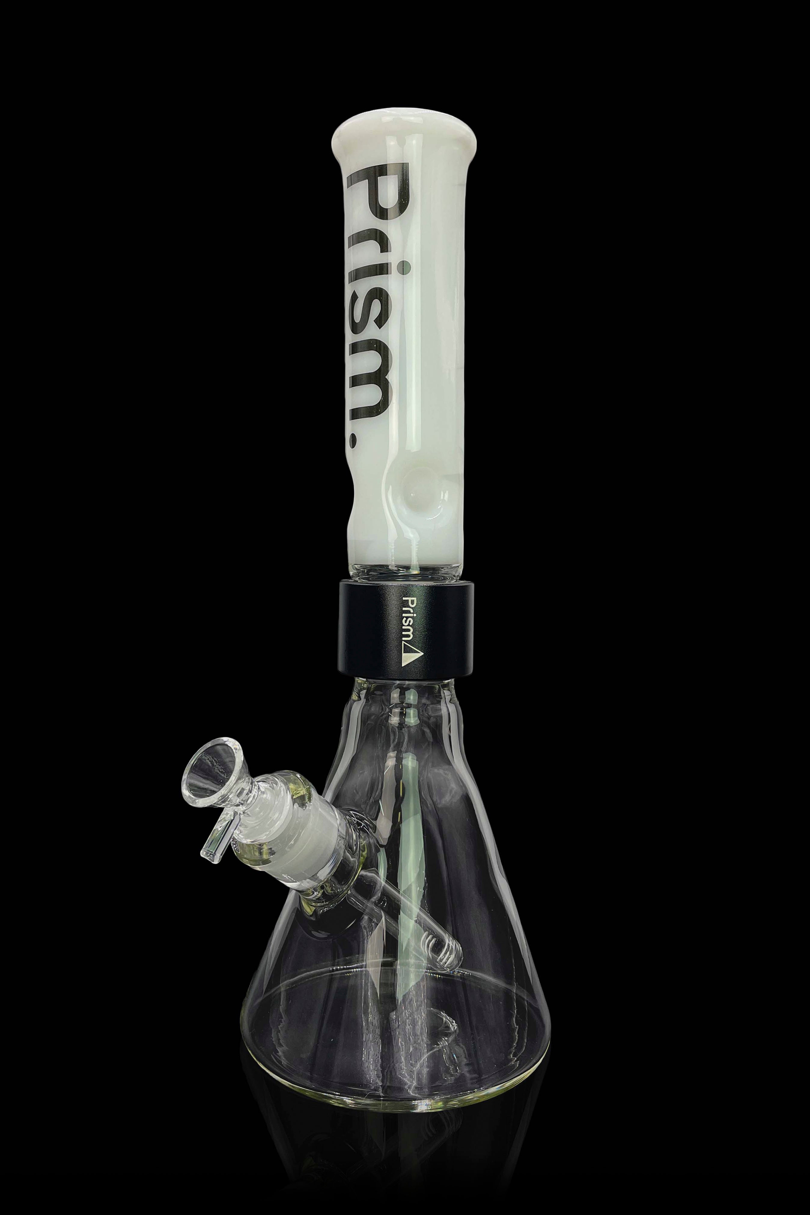 Glass bong with ice catch and removable downstem against a black background.