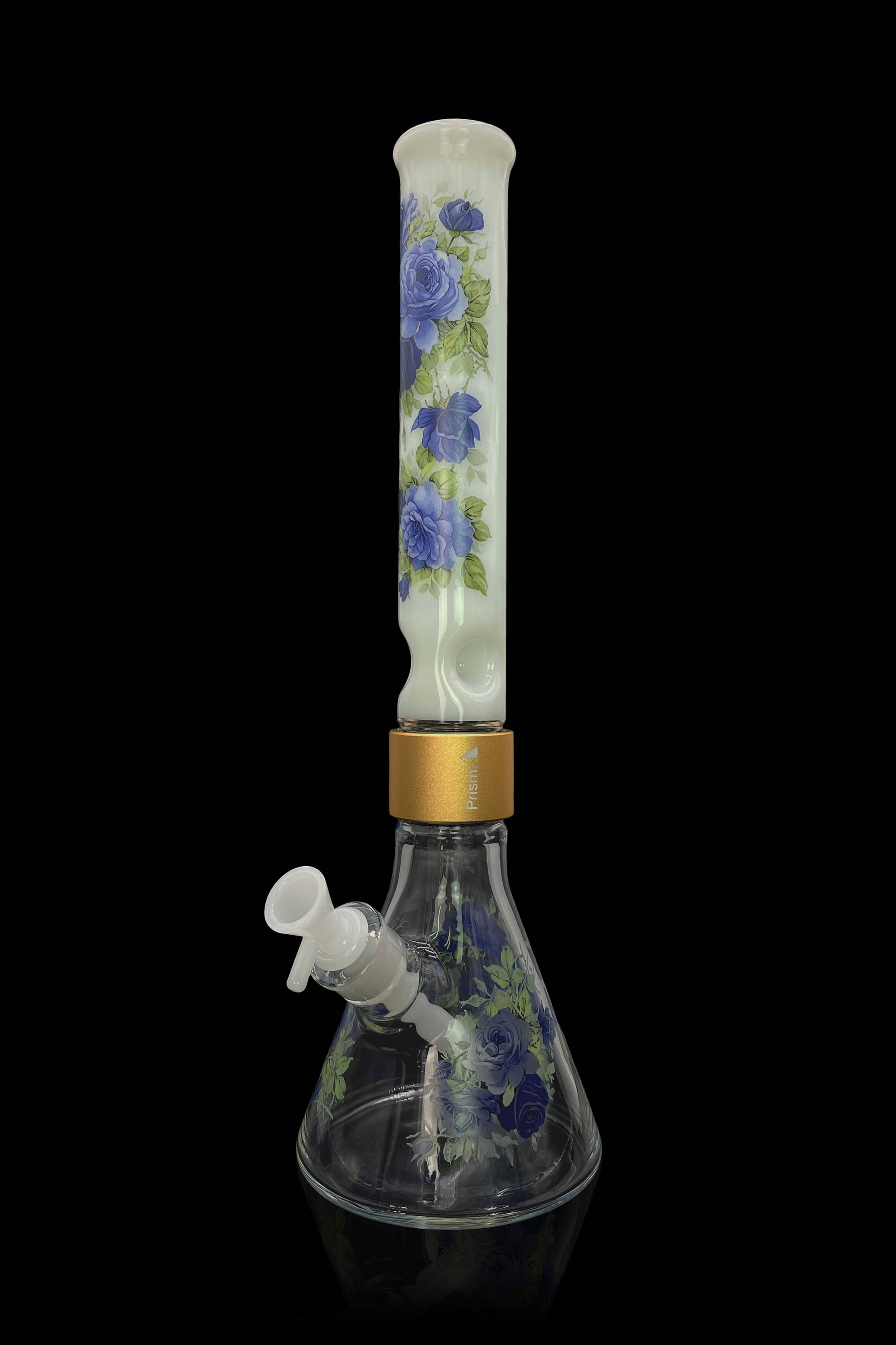 Floral patterned glass water pipe (bong) with a clear mouthpiece.