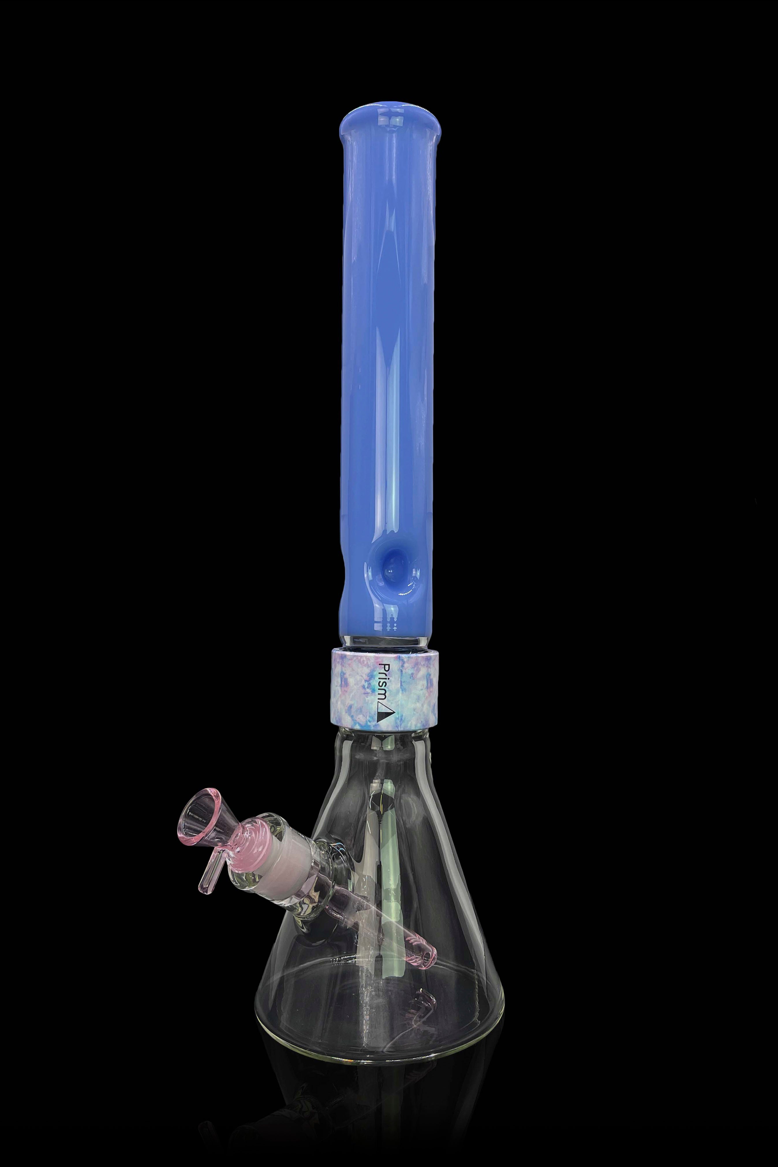 Blue glass bong with a patterned bowl and downstem, isolated on a black background.