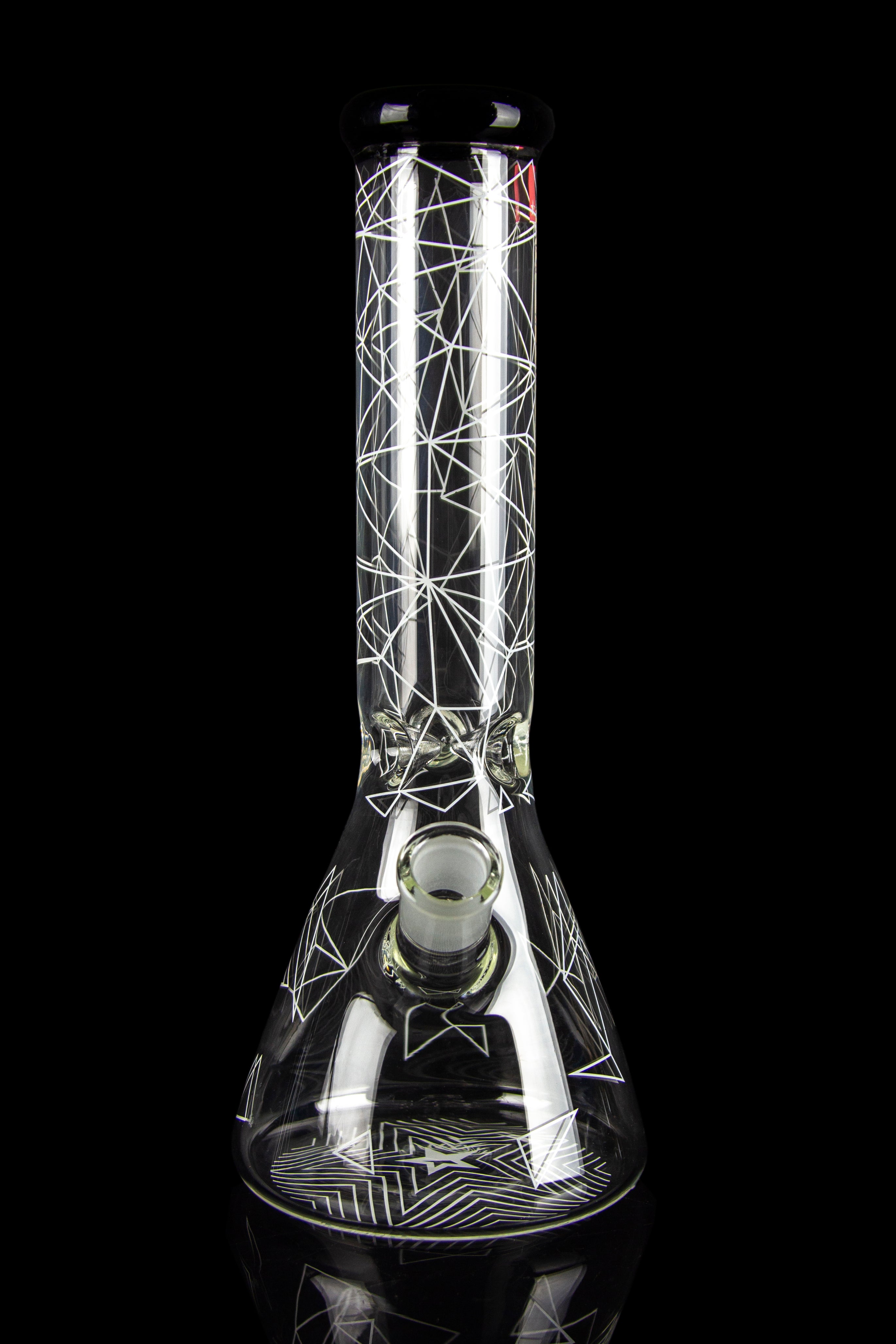 Close-up front view of the Famous Brandz Glass Beaker Ice Bong - Space showing its tall neck and white geometric line pattern against a black background