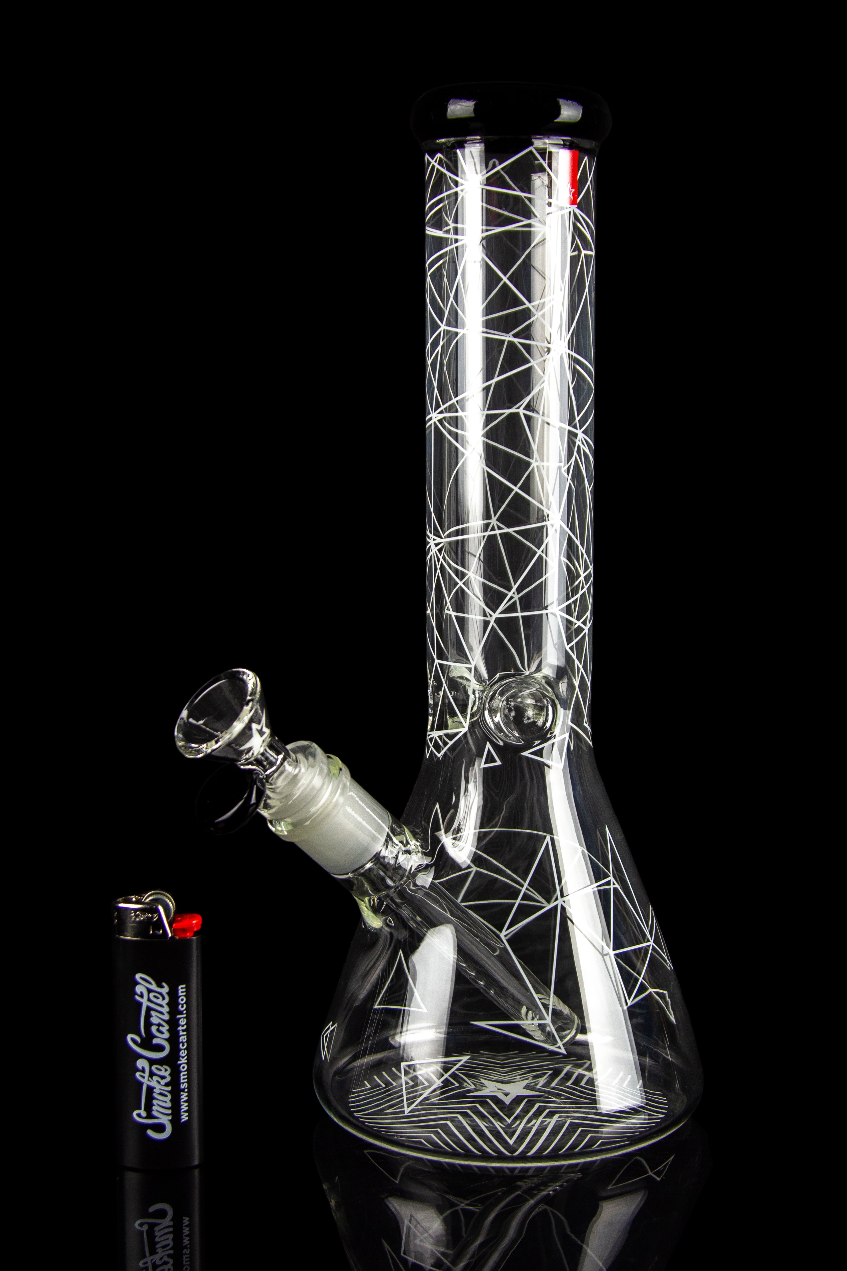 Close-up of the glass neck and beaker base of the Famous Brandz Glass Beaker Ice Bong - Space with white geometric line patterns against a black background