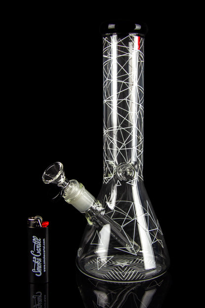 Close-up of the glass neck and beaker base of the Famous Brandz Glass Beaker Ice Bong - Space with white geometric line patterns against a black background