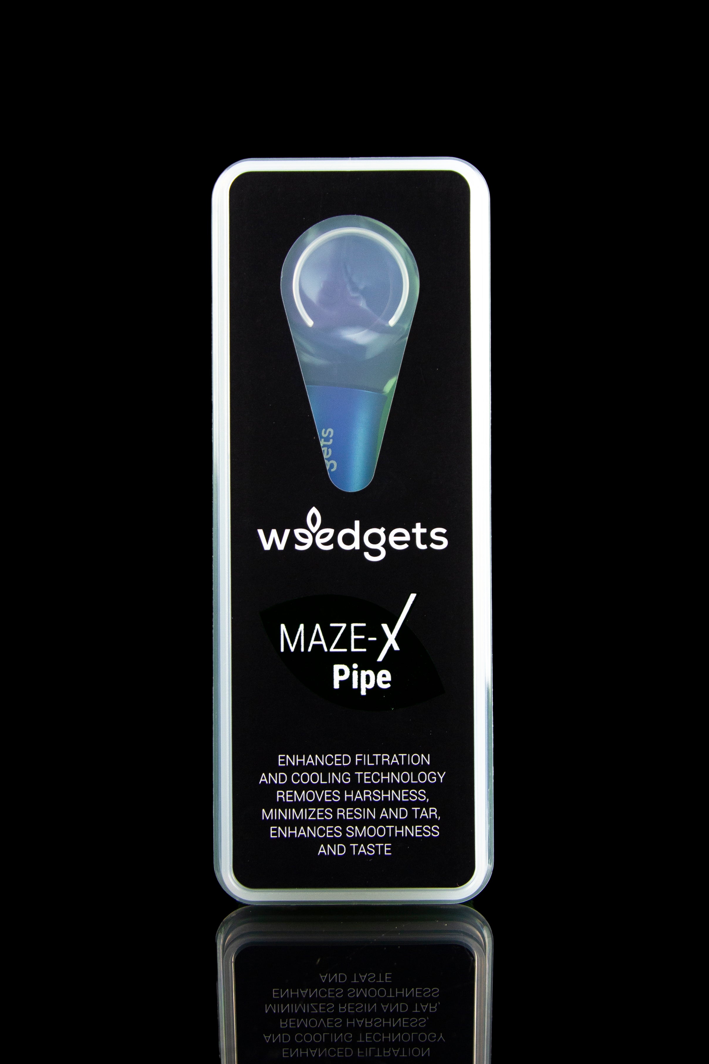 A product shot of the “Maze-X Pipe” by Weedgets, a sleek, blue and clear glass pipe designed for enhanced filtration and cooling. 