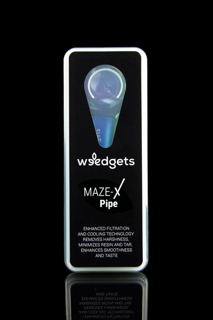 A product shot of the “Maze-X Pipe” by Weedgets, a sleek, blue and clear glass pipe designed for enhanced filtration and cooling. 