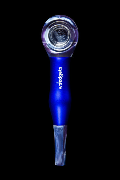 Blue glass pipe with marbled purple accents, branded with "wsedgets."