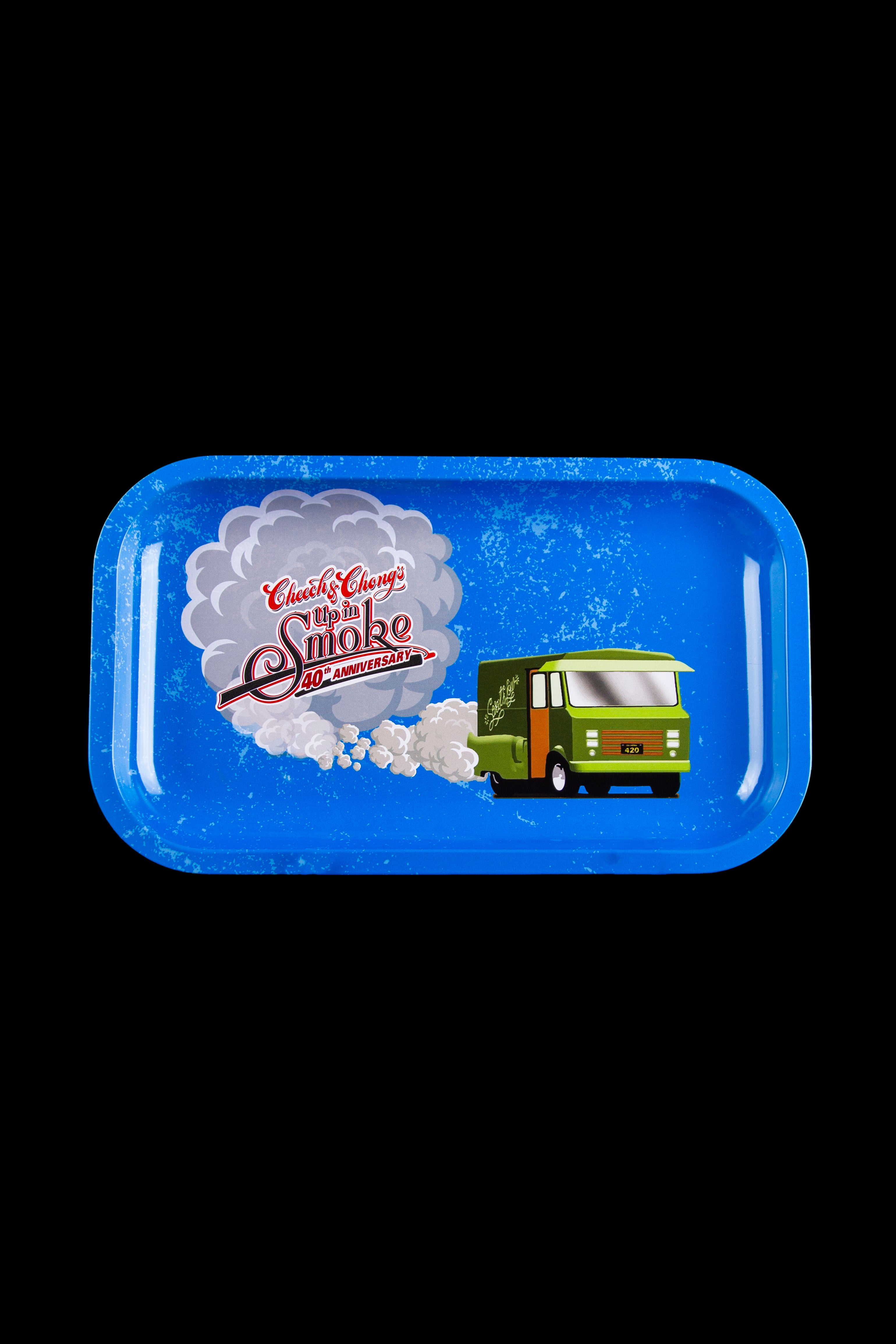 Blue metal rolling tray with "Cheech & Chong's Up in Smoke 40th Anniversary" logo and vintage van graphic.