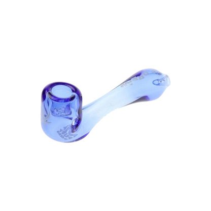 A side view of the “Puff Puff Pass “Blue Dream” Strain Pipe, showcasing its curved blue glass design against a plain white background.