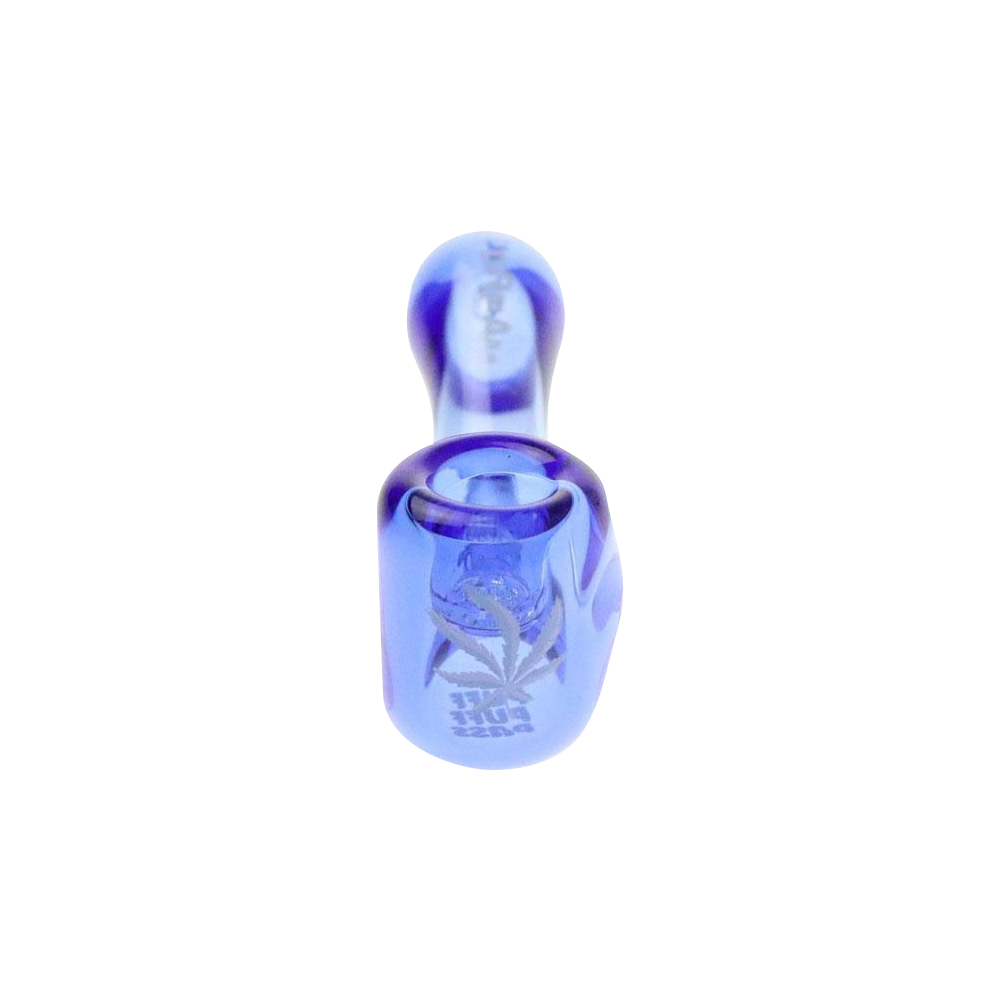 A close-up, angled view of the “Puff Puff Pass “Blue Dream” Strain Pipe” showing the curved glass bowl and smooth, streamlined design.