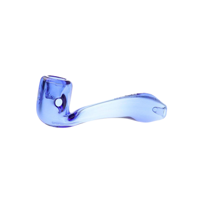 A side view of the "Puff Puff Pass "Blue Dream" Strain Pipe" showing its curved blue glass design against a plain white background.