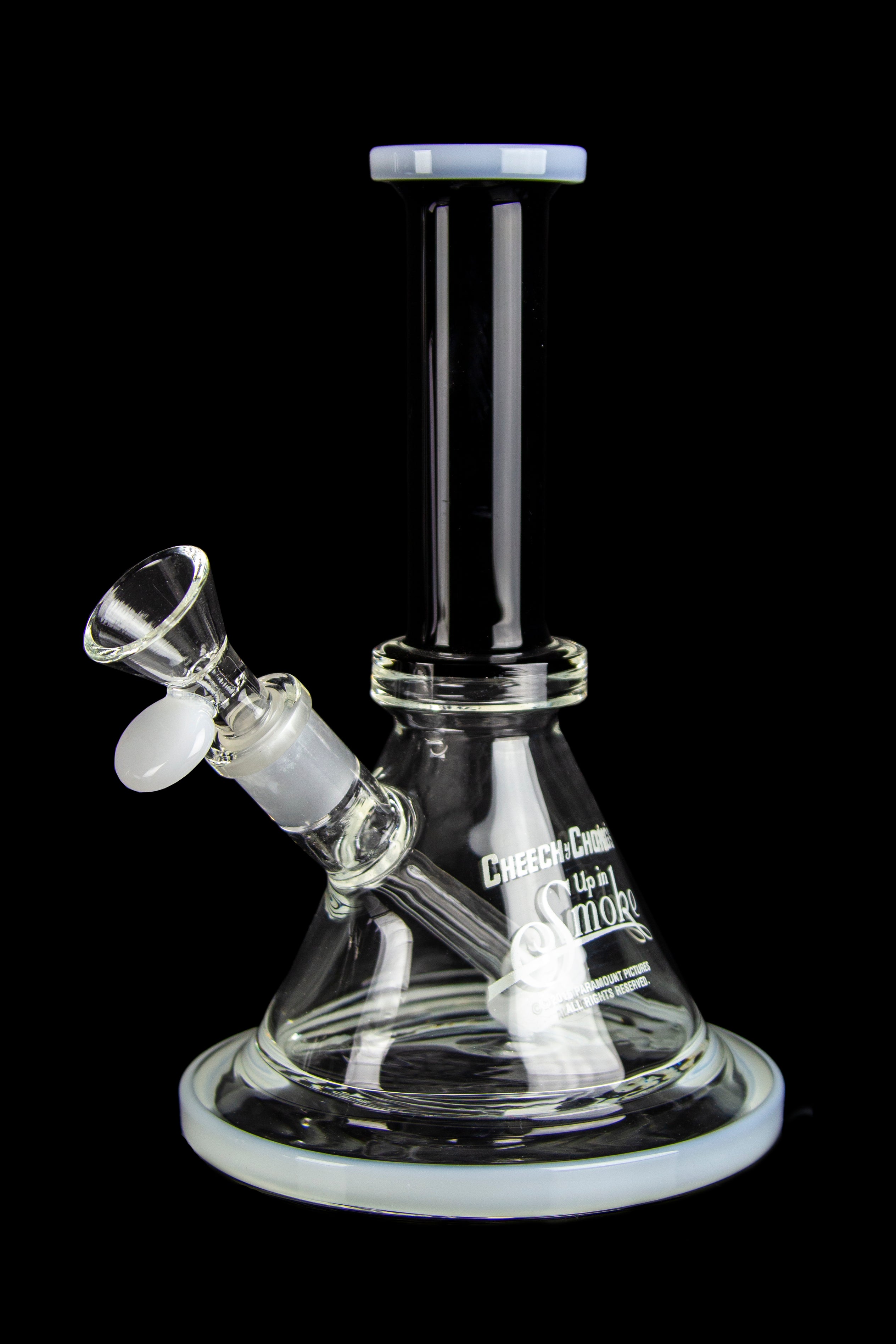 Frosted glass water pipe with a clear glass bowl, isolated on a black background.