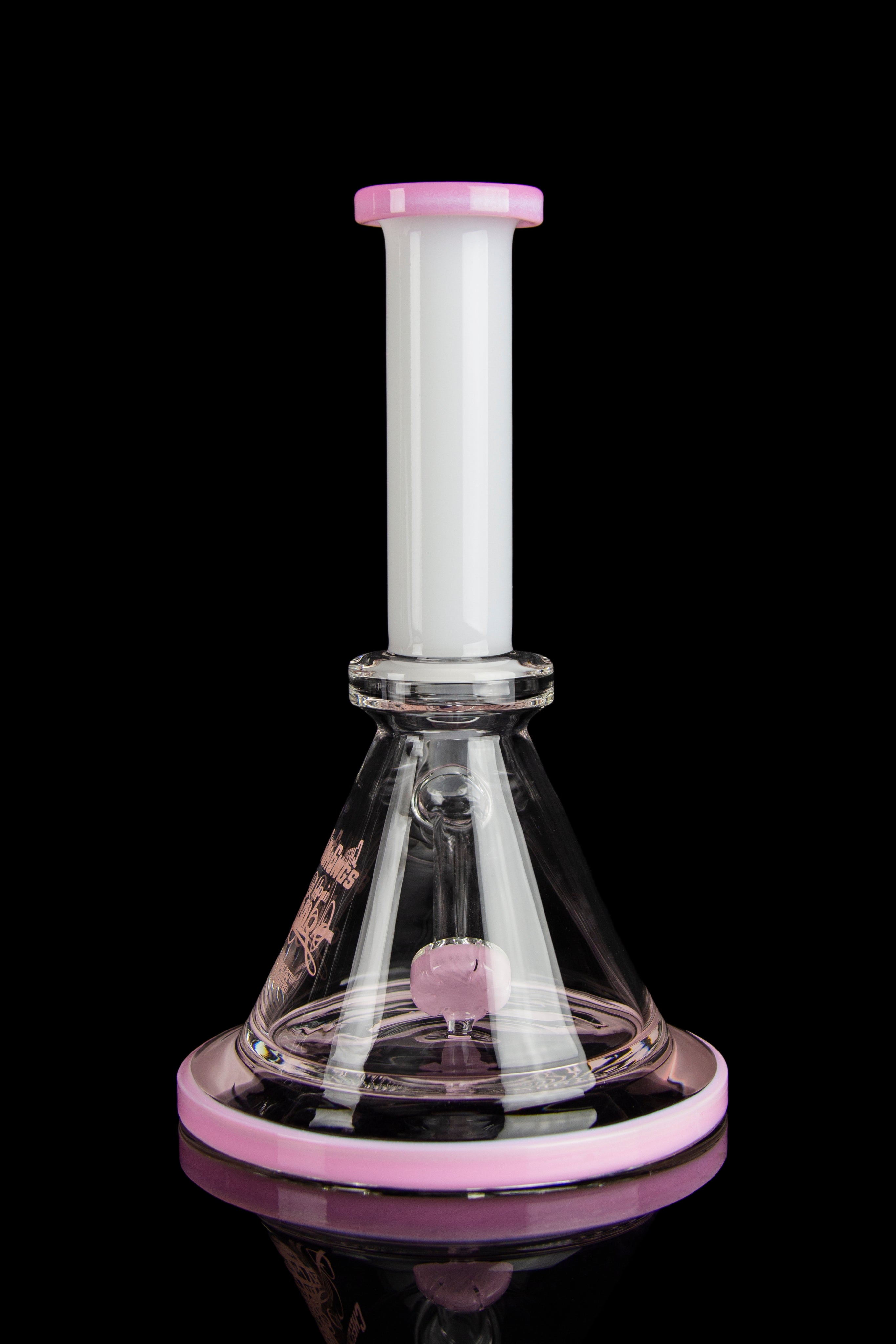 Pink and clear glass rig with intricate designs, used for vaporizing cannabis concentrates.