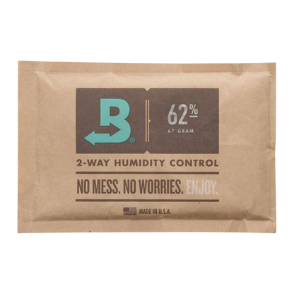 Front view of the Boveda Humidity Control Pack for Dry Herbs - 62%, showing its branding and percentage display on a white background.