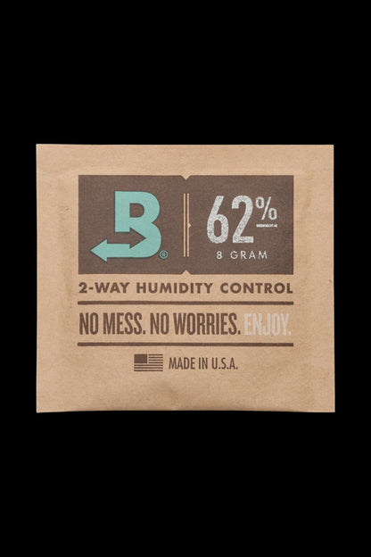 Front view of the Boveda Humidity Control Pack for Dry Herbs - 62%, displaying the percentage prominently on its dark background.