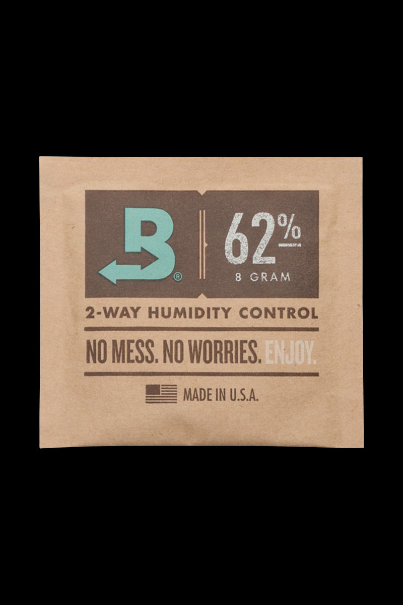Front view of the Boveda Humidity Control Pack for Dry Herbs - 62%, displaying the percentage prominently on its dark background.