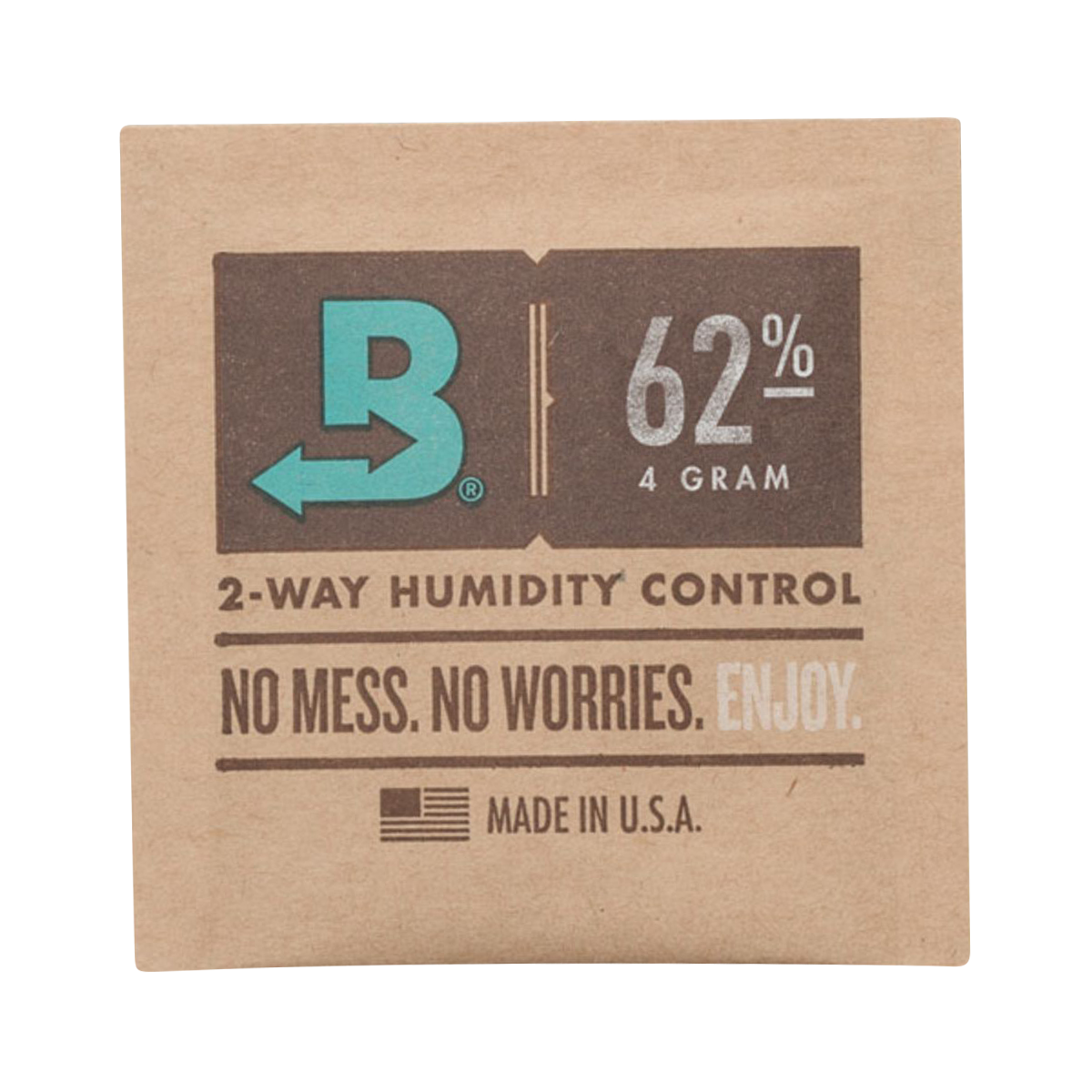 Close-up of the Boveda Humidity Control Pack for Dry Herbs - 62%, showing its branded packaging with a percentage indicator.